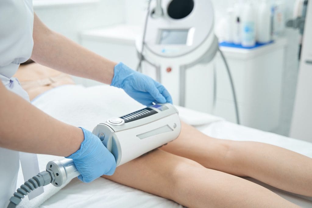 Hips of Caucasian client undergoing endospheres therapy