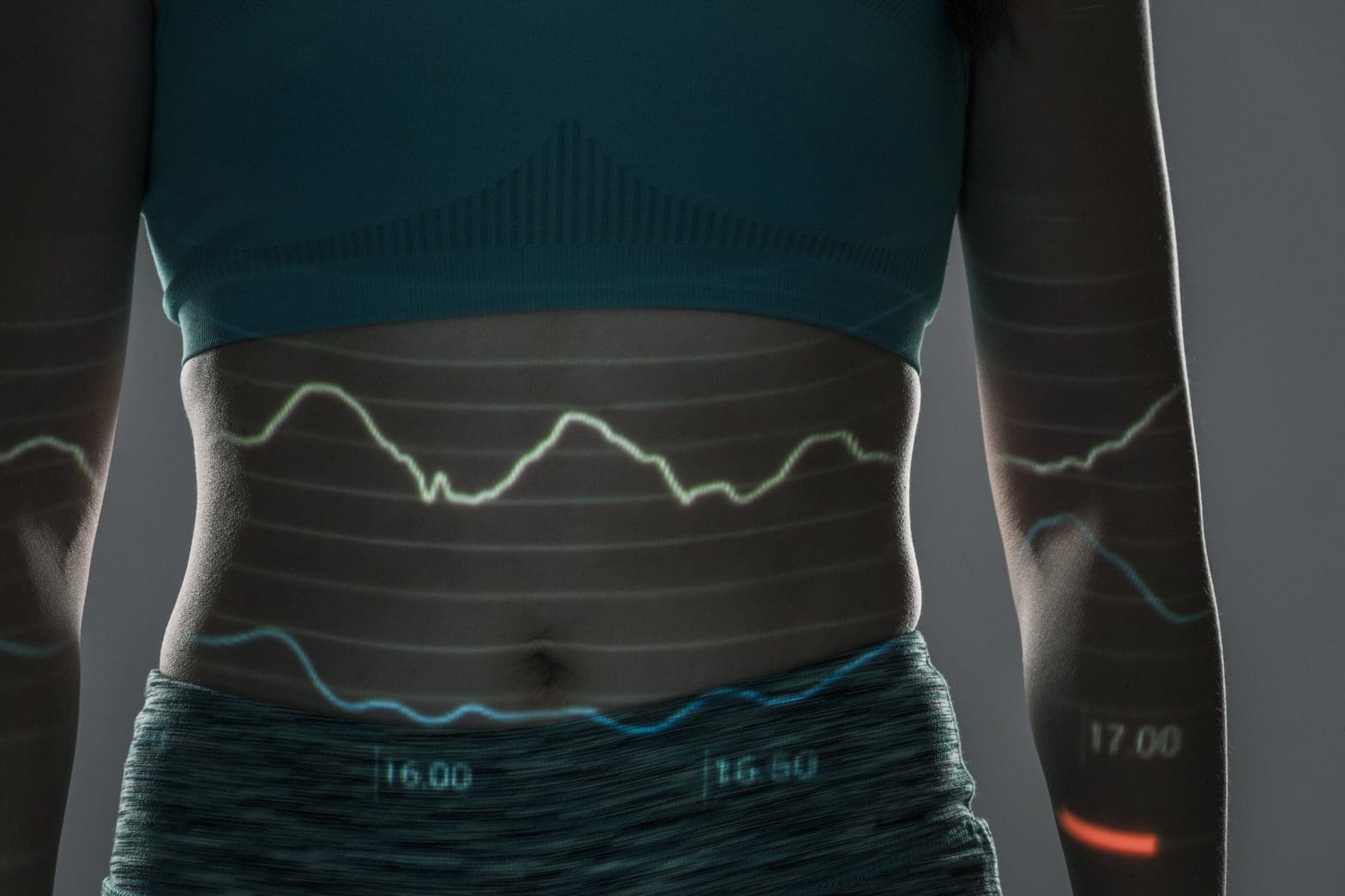 a woman wearing a fitness tracker displaying her stats in a futuristic way, symbolizing ozone sauna boosts energy