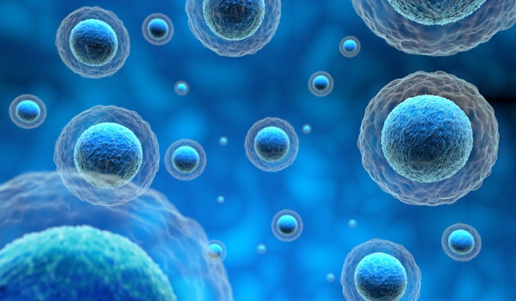 human cells in a blue background to show how ozone sauna therapy affects stem cells