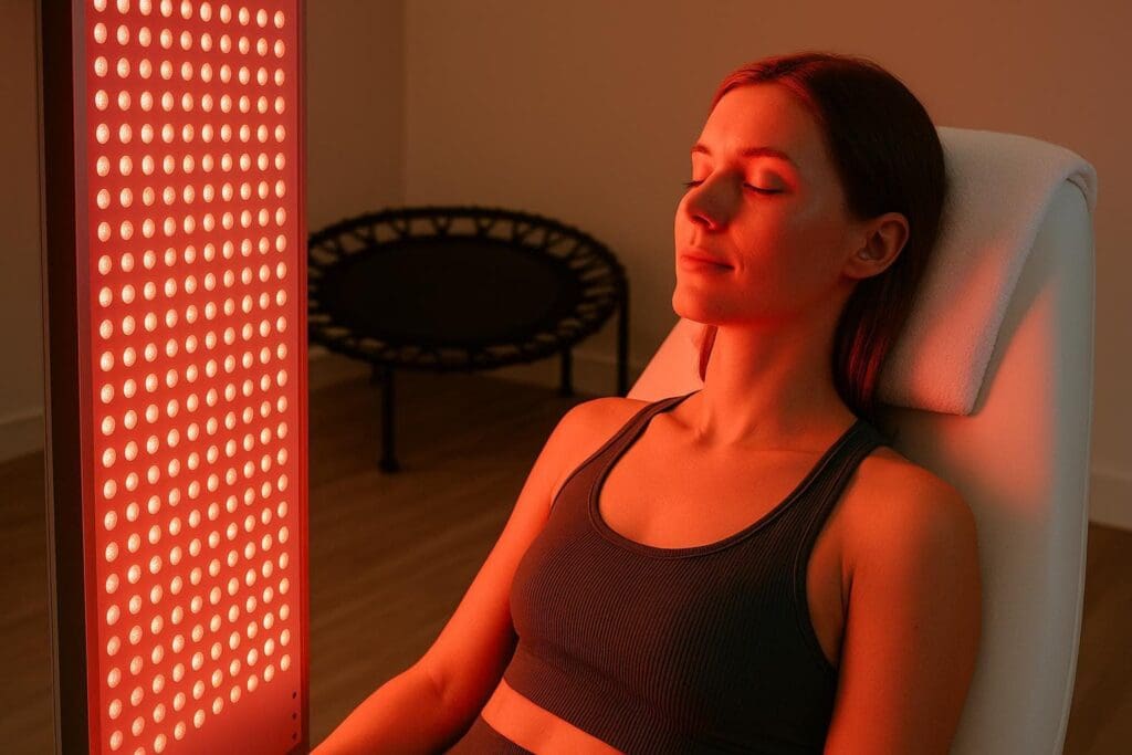 client undergoing red light therapy with rebounder nearby