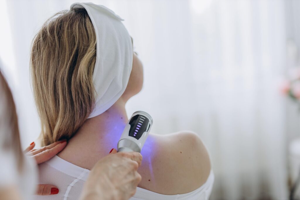 Combination image showing Endospheres, Red Light Therapy, and Rebounder used together to break fitness plateaus.