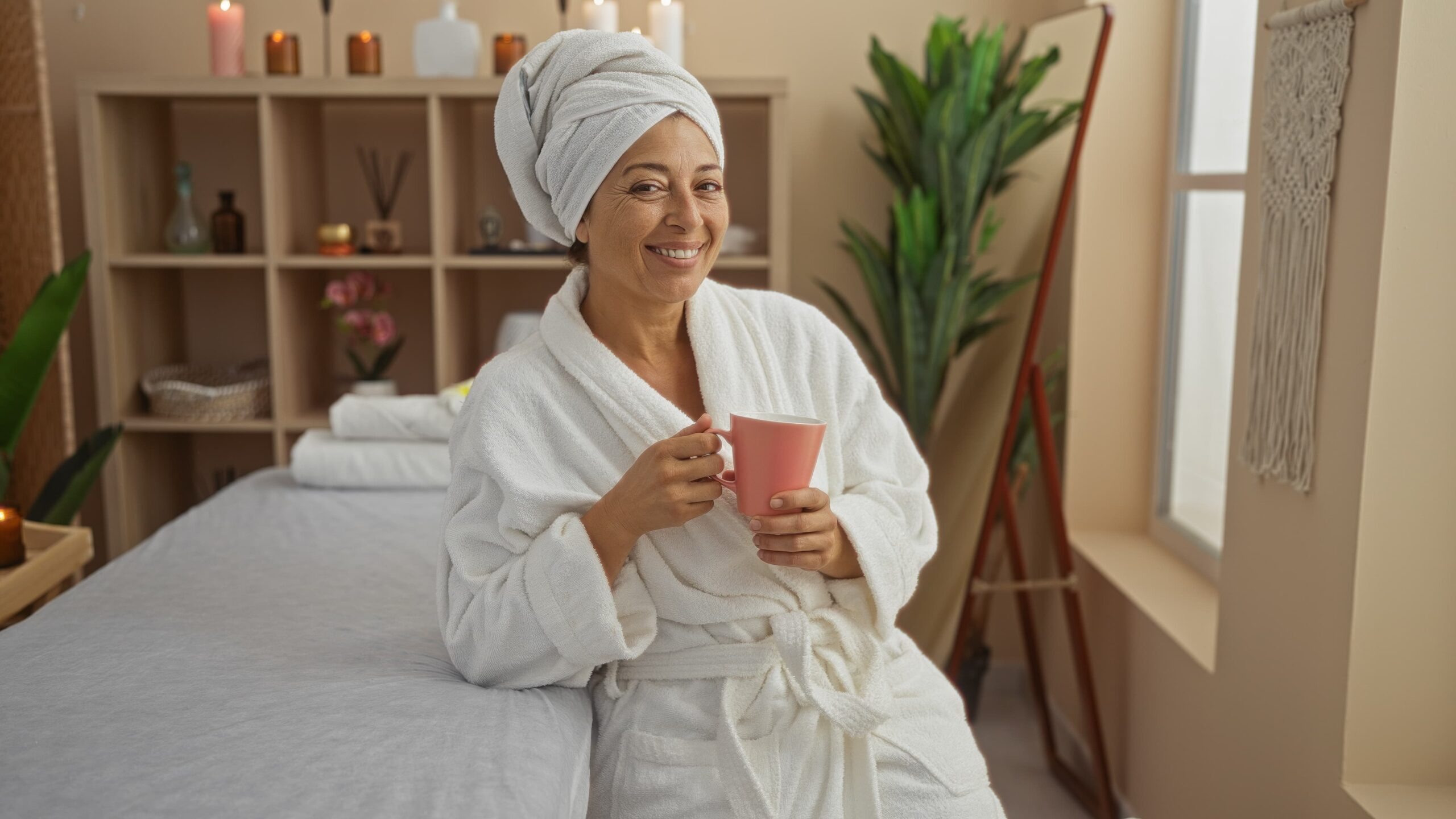 A woman in her 30s-40s sitting peacefully in a wellness spa lounge area, eyes closed, hand resting gently on her chest over her heart. Soft natural light coming through a window. Clean, minimal spa interior with warm wood tones and green plants. Calm, restorative atmosphere.